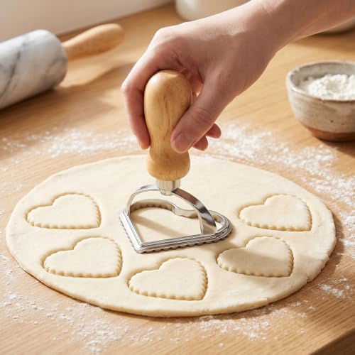 Heart Cookie Stamp Cutter, Wood Handle Fluted Edge Ravioli Press - color: Heart Shaped