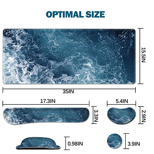 ARTSO Gaming Mouse Pad Extended, Keyboard Wrist Rest Pad & Wrist Support Abstract Mousepad Set, Non-Slip Base, Memory Foam Desk Mat, Ocean Waves - color: Ocean Waves