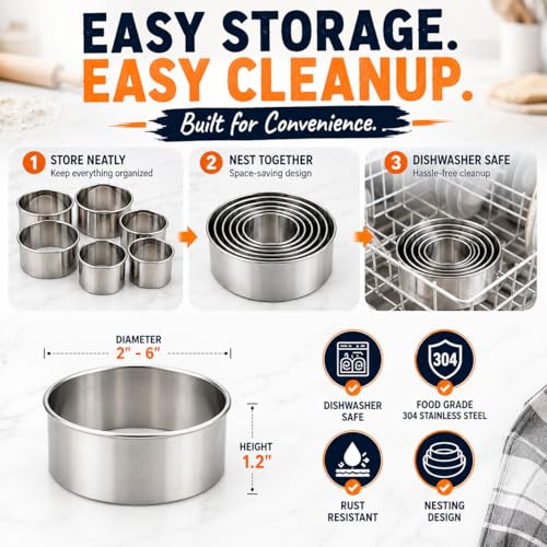 Doczen Large Cookie Cutter Set, 6-Piece Stainless Steel Biscuit Cutters, Heavy Duty Metal Ring for Burger Press & Meat Shaping, Tortilla Crust & Clay Pottery Cutting Tool
