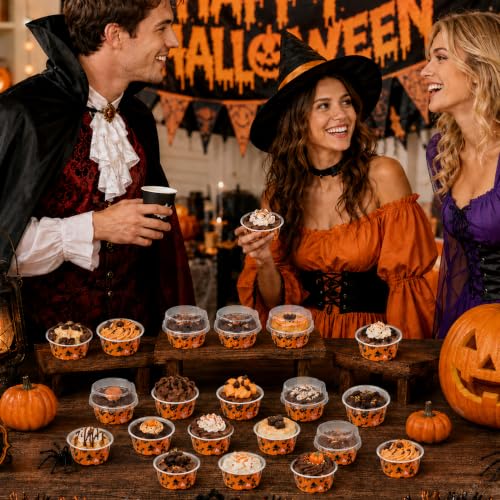 50 Pack Halloween Baking Supplies Mini Cake Pans with Lids and Spoons - color: Orange and Black