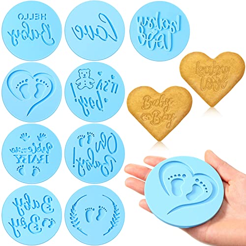 9 Pcs Baby Shower Fondant Embosser for Boys 3D Design Light Blue Cookie Stamp for Baking Acrylic Fondant Stamp for Baby Shower Party Decorating Topper Icing Cake Cupcake Chocolate Biscuit
