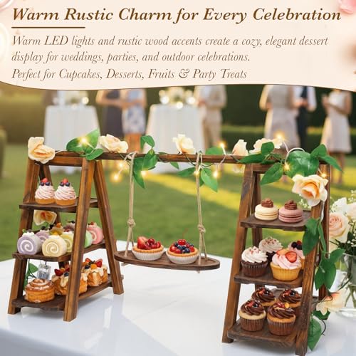Rustic Wooden Cupcake Stand with LED String Lights, 3 Tier Dessert Display Ladder with Swinging Tray, Solid Pine Serving Trays with Flower Vine for Wedding, Party, Birthday Event Table Decor
