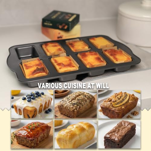 Mini Loaf Baking Pans Set 8-Cavity with 200 PCS Parchment Liners, Nonstick Bakeware Rectangle Bread Pan, Heavy Duty Banana Bread Pan, Grey - size: 14x9.39x1.3 Inch