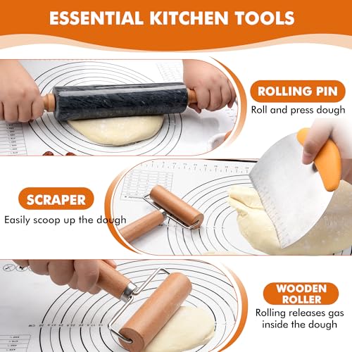 18.5 inches Marble Rolling Pin,Large Non-Stick Dough Roller,for making pizza, cookies,pie crusts, and pasta.with Silicone Pastry Mat,Stainless Steel Scraper,and Small Wooden Roller Pin(Black) - color: Black-2