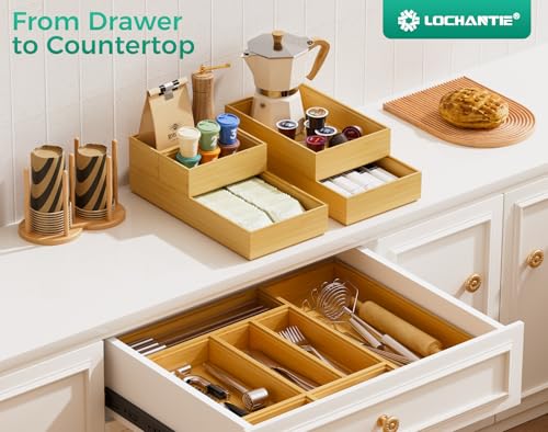 Bamboo Kitchen Drawer Organizer Boxes 12" x 3" Stackable Wooden Organizers - size: 12" x 3" x 2"