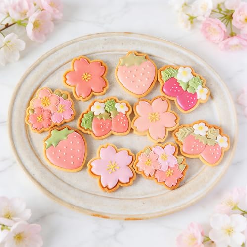 Strawberry & Cherry Blossom Spring Cookie Cutters, 4 Designs with Spring Pusher, Sakura Strawberry Biscuit Molds for Spring Party DIY Baking & Decorations - Set of 4 - color: Strawberry Cookie Cutter