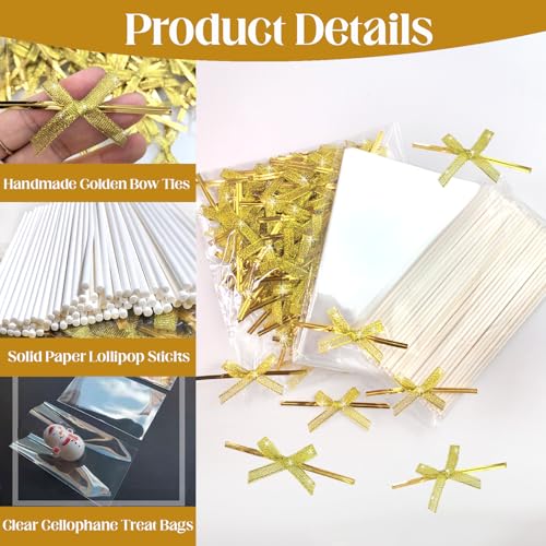 100 Sets Clear Rice Crispy Treat Bags 4x6in with Sticks and Ties Gold Bow