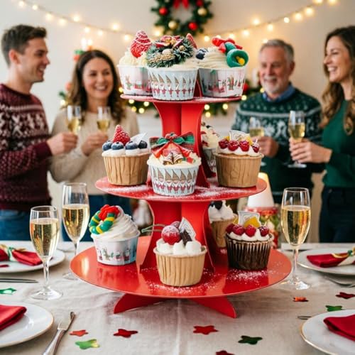 YLDW Cupcake Stand, 3-Tier Cupcake Stand Display, Cardboard Cup Cake Tower Stand, Disposable Dessert Stand for Birthday Tea Party Baby Shower Treat Decorations, Red - color: Red