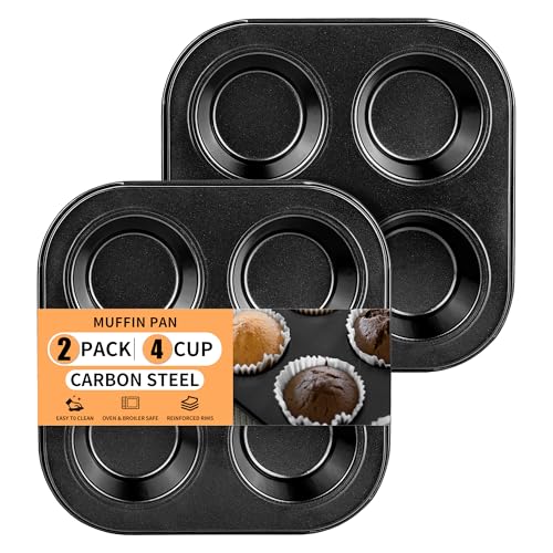 2 Pack 4-Cup 6/12/24/48 Cups Round Muffin Pan, Heavy-Duty Carbon Steel Nonstick Cupcake Baking Pan, 2.56” Standard Size Cups, Compact 7.28” Square Design, Oven & Dishwasher Safe - color: 4 Cups 2 Pack