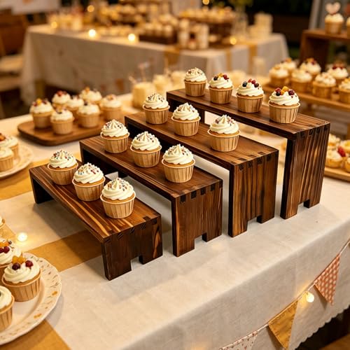 Yikaroeli 2 Set Large Cupcake Stands Wood Cake Stand Wooden Display Risers Wood Riser Dessert Table Display Set Farmhouse Decor,4Tiered 8Pcs Food Risers for Party