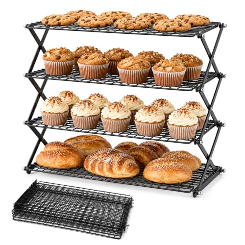 4-Tier Collapsible Cooling Rack with Adjustable 3 Setting Design Stackable Drying Wire Cooling Rack for Cooking and Baking, Roasting ＆ Grilling Gifts for Picnic Party, 2/3/4-Tier Upgraded