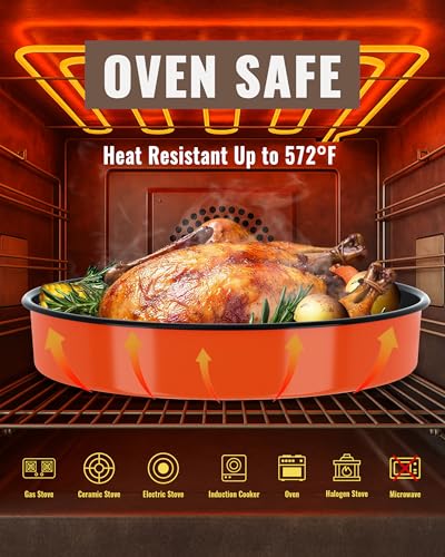 Round Turkey Roasting Pan Set of 4, Enamel Deep Dish Pizza Baking Pan - color: Orange