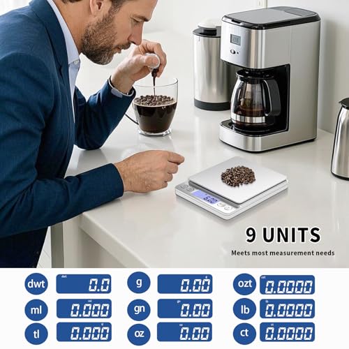 Gram Scale Small Digital Food Scale, 500g by 0.01Gram/0.001Ounce, Accurate Weighting, MEIYA Multifunction Kitchen Scale for Jewelry/Baking/Soap, 9 Units, Tare Function, LCD Display, Including Battery - style: 500g / 0.01g Silvery