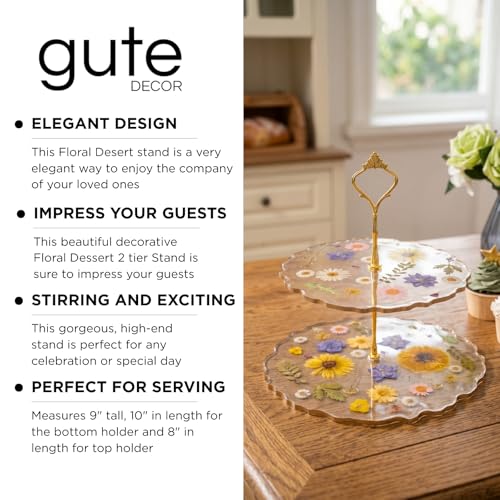 GUTE Floral Cupcake & Cake Dessert Stand, Resin Flower Tower - 2 Tier Stand Tray - Large Pretty Botanical Floral Stands for Desserts Table, Gold Handle, Fruits Candy Buffet Serving Trays