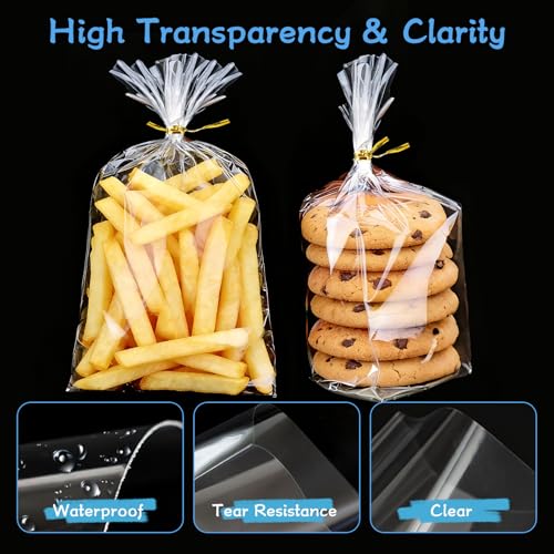 Gewutho 100 Pack Cellophane Bags, 6×10-Inch Clear Cellophane Gift Bags with 100 Gold Twist Ties Included, Plastic Packaging Bags Ideal for Wrapping Cookies, Candies, Party Favors, and Popcorn