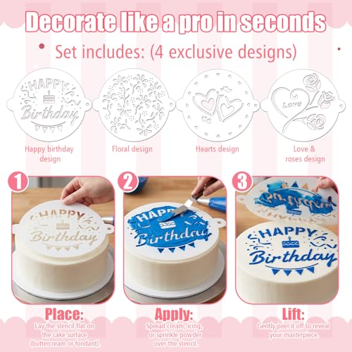 4Pcs Cake Stencils Set, Happy Birthday Stencil for Cakes Cookie Stencils