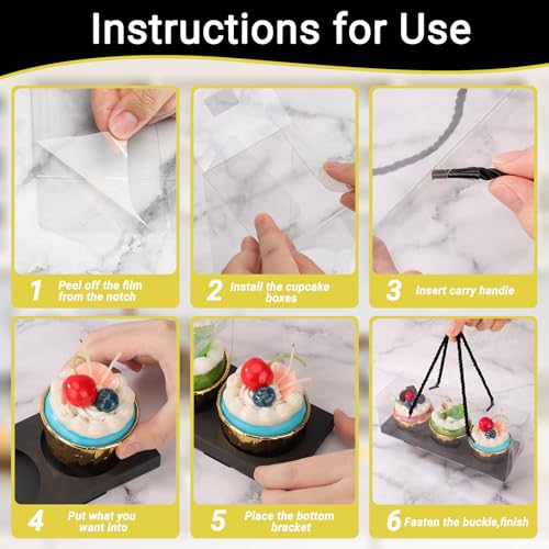 EUSOAR Clear Cupcake Boxes, 40 Pcs 9"x3"x3" Black 3 Compartments Pastry Cupcake Containers with Gift Rope Handle,Portable Dessert Muffins Holder Cookies Carrier for Birthday Wedding Party Bakery - color: Black