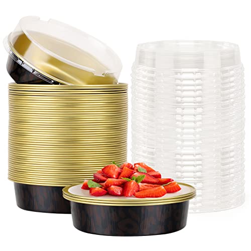 Beasea 50 Pack 4” Mini Pans with Lids, 8oz Disposable Aluminum Baking Foil Tins Round Small Dark Red Spot Container for Individual Cupcake Dessert Muffin Ramekin Cheesecake Quiche Oven Dishes - color: Dark Red Spot in Black