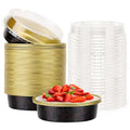 Beasea 50 Pack 4” Mini Pans with Lids, 8oz Disposable Aluminum Baking Foil Tins Round Small Dark Red Spot Container for Individual Cupcake Dessert Muffin Ramekin Cheesecake Quiche Oven Dishes - color: Dark Red Spot in Black