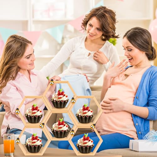 Fairysandy 12 Pcs Mini Honeycomb Cupcake Stand 50 Tiny Wooden Bee, Wood - color: Wood Color