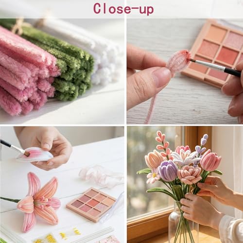 Eywwuu 540 Pcs Pipe Cleaner Flower Kit, DIY Flower Bouquet Making Kit with 5 Pastel Chenille Stem Colors, 30 Floral Stems, Tape, Stamen, Glue Sticks, Pliers and Brush for Rose Tulip Lily Crafts