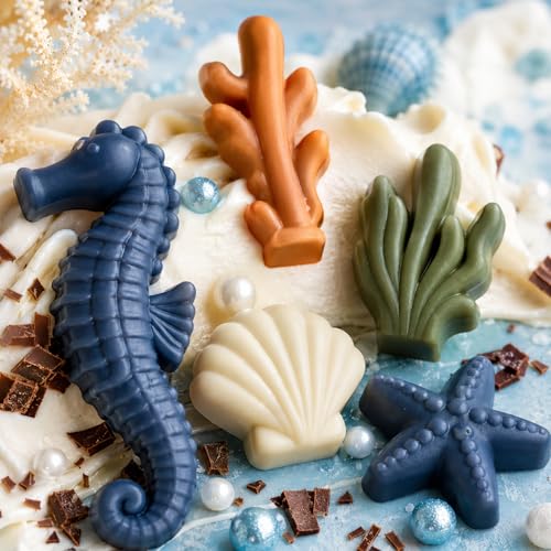 2 Pack Marine Theme Cake Silicone Mold Ocean Silicone Mold Ocean-Themed Baking Molds with Seahorse Starfish Seashell Coral Designs for Chocolate Candy Handmade Soap Resin Epoxy Fondant Ice Cube DIY - size: 17 Cavity