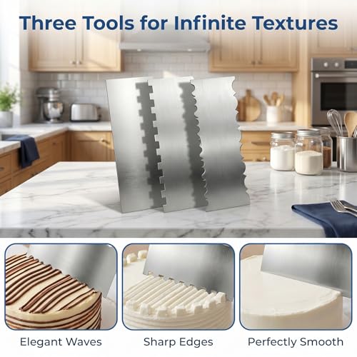 3 Pack Stainless Steel Cake Scraper Set, 8.66 Inch Double-Sided Pattern Edge Cake Decorating Combs for Buttercream, Frosting, Mousse and Baking Projects