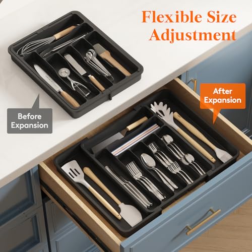 Lifewit Expandable Silverware Drawer Organizer, Kitchen Utensil Tray - color: Black, size: Large Deep（11.8-19.6'W x 15''D）