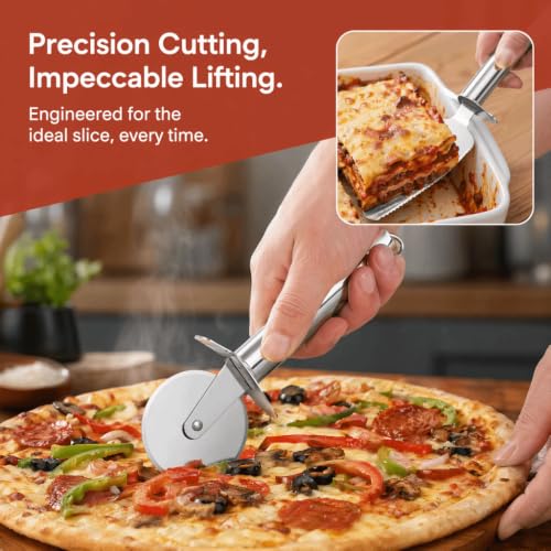 2Pcs Stainless Steel Pizza Cutter Wheel and Serving Spatula Set, Silver Kitchen Baking Pastry Cutting Tools for Pizza
