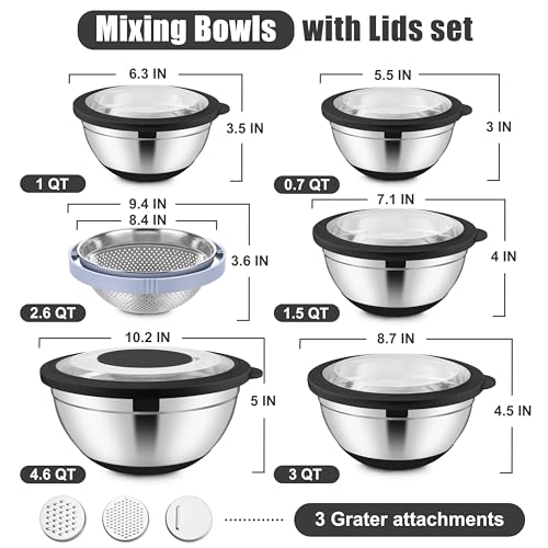 E-far Stainless Steel Mixing Bowls with Lids & Colander, 15PCS - color: Black