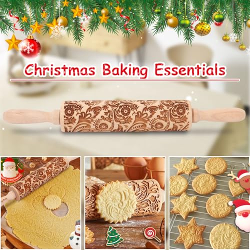Christmas Embossed Rolling Pin for Baking Cookies Embossing Rolling Pins with Design Wooden Engraved Springerle Roller Pin Dough Snowflake Paisley Patterned Clay Pottery Ceramic Bakers (Floral Frost) - color: Floral Frost