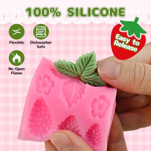 6 Pcs Strawberry Chocolate Molds Silicone, 3D Strawberry Fondant Mold - color: 6 Pcs Strawberry & Mini Rose & Bow, Pink