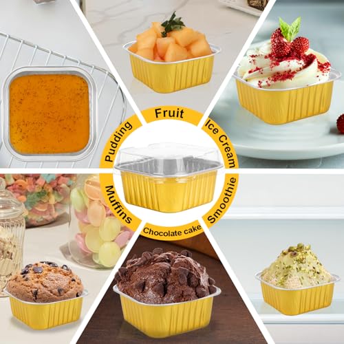 100 Pcs 5oz Mini Square Baking pans with Lids, Aluminum Foil Cake Molds with Lid, Disposable Cupcake Pan Pudding Cups for Party Wedding Birthday,Gold - color: Gold