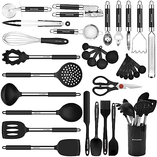 Kitchen Utensils Set-Silicone Cooking Utensils-32 pcs Non-Stick Silicone Cooking Kitchen Utensils Spatula Set with Holder-Best Kitchen Cookware with Stainless Steel Handle (Black) - color: Black