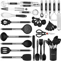 Kitchen Utensils Set-Silicone Cooking Utensils-32 pcs Non-Stick Silicone Cooking Kitchen Utensils Spatula Set with Holder-Best Kitchen Cookware with Stainless Steel Handle (Black) - color: Black