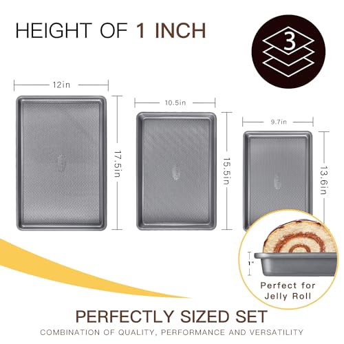 HONGBAKE 3 Pack Nonstick Ceramic Baking Sheet Pan Set for Oven, Non-Toxic Half/Quarter/Jelly Roll Pans with Diamond Texture, 0.8mm Aluminized Steel Cookie Trays for Cooking, Charcoal Gray - color: Charcoal Gray (0.8mm Aluminized Steel & Ceramic Coating)