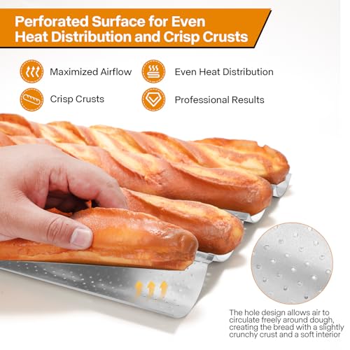 15 Inch Baguette Bread Pan Kit, 4-Slot Nonstick French Baking Tray - color: Silver