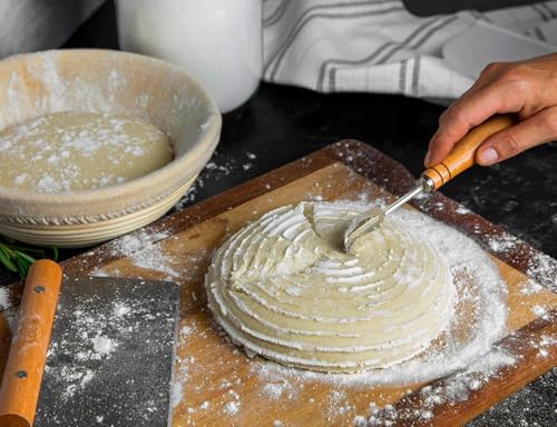 Kook Banneton Bread Proofing Set, Artisan Sourdough Bread Making Kit, 9 Inch Handwoven, Rattan Basket and Liner, Metal & Plastic Dough Scrapers, Scoring Lame & Case, 4 Extra Blades, Round - color: Round Shape