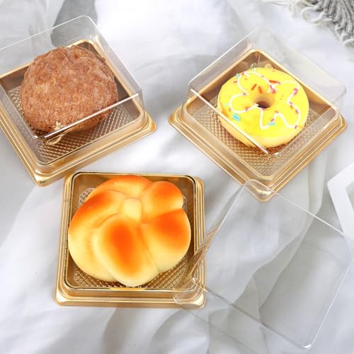 Hewnda 50 Pack Gold Cake Pans, Clear plastic mini cake box