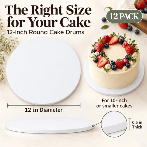 12 Inch Cakeboard 12 Pack, 1/2 Inch Thick Round Cake Boards, Bend Resistant & Sturdy White Cake Cardboard for Presenting Heavy/Tall Tiered Cakes, Base Para Pastel - size: 12 inch
