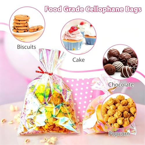 MS.YANGJI 100 PCS Cellophane Treat Bags,6x9 Inch Holographic Bags with Twist Ties,for Holiday Valentines Party Weddings Birthday Party Gift Wrapping - size: 6x9inch