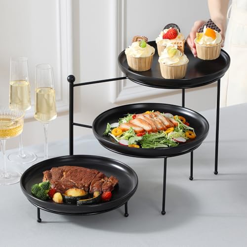 MALACASA Round 3 Tier Serving Tray,10.25 Inch Black Porcelain Dessert Stand - color: Black