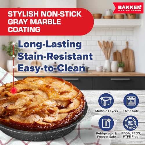 BAKKEN 10-Piece Kitchen Baking Pan Set - Commercial Grade Carbon Steel Bakeware, With Nonstick Coating, Stackable and Space-saving Design, PFOA, PFOS, PTFE Free, Oven Safe (Up To 450°F), Gray Marble - color: Gray Marble, size: 10 Piece Set