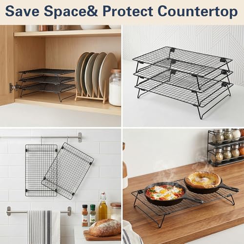 3-Tier Stackable Cooling Rack for Cooking and Baking, 17" x 11" Large Black Wire Cooling Rack, Foldable & Heavy Duty Cookie Cooling Rack, Oven Safe Baking Rack