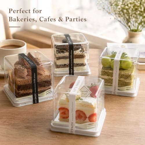 100 Pieces Cake Slice Plastic Containers with Disposable plastic fork and Stickers,4.3 Inches Hinged Lid Cheese cake Container,Cupcake containers,individual cupcake containers, Bakery and Cafe