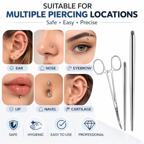17PCS Piercing Insertion Tool, Stainless Steel Body Jewelry - color: Curved tweezers+Piercing Tapers