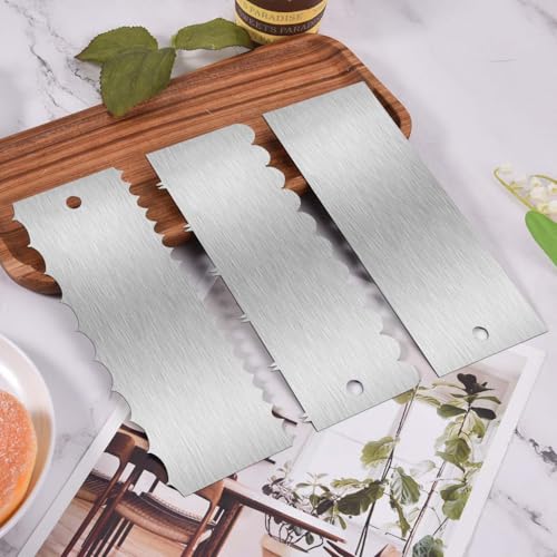 SenseYo 3 Pcs 9 Inch Stainless Steel Cream Cake Scraper Smoother Comb with Double Sides for Decorating Icing Mousse Butter - size: 3