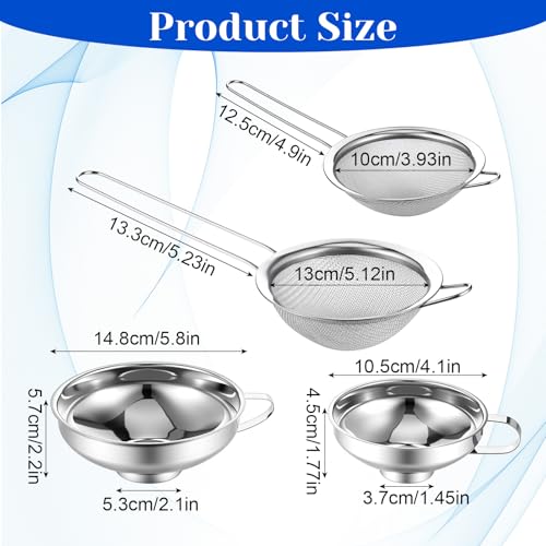 Stainless Steel Funnels with Fine Mesh Strainer - 4 Pack Canning Funnels for Narrow Wide Regular Mouth Mason Jars, 1.5/2.1 Inch Kitchen Funnel Set for Canning Supplies and Kitchen Use