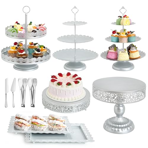 11Pcs Silver Cake Stand Set, Metal Dessert Table Display Set - color: Silver