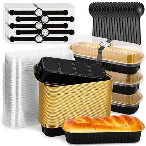 selizo 60 Pack 6.8oz Mini Loaf Baking Cake Pans with Lids, Rectangle Disposable Aluminum Foil Loaf Baking Pans, Small Baking Cake Tins Cup Cake Containers for Individual Cakes - color: Black